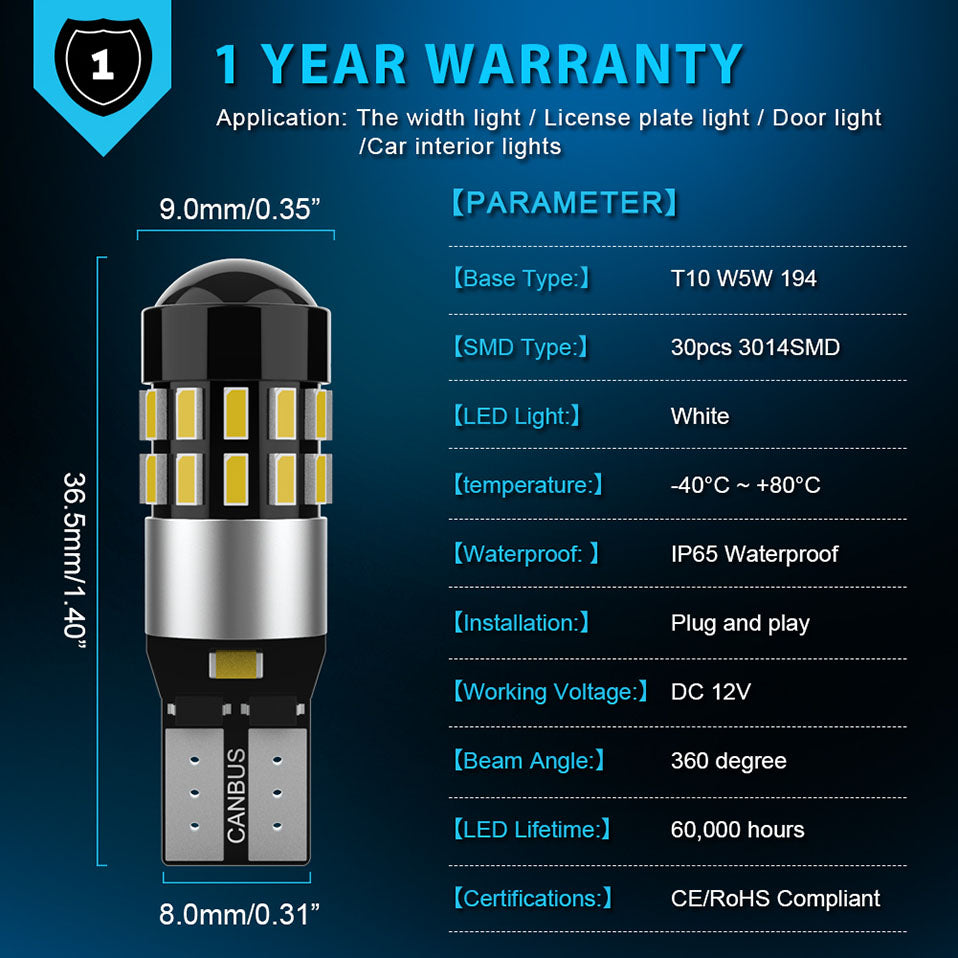 CENMOLL Wholesale T10 W5W Led Canbus Bulbs 194 168 30SMD White 12V led Car Interior Reading Parking Lights for BMW Audi Mercedes