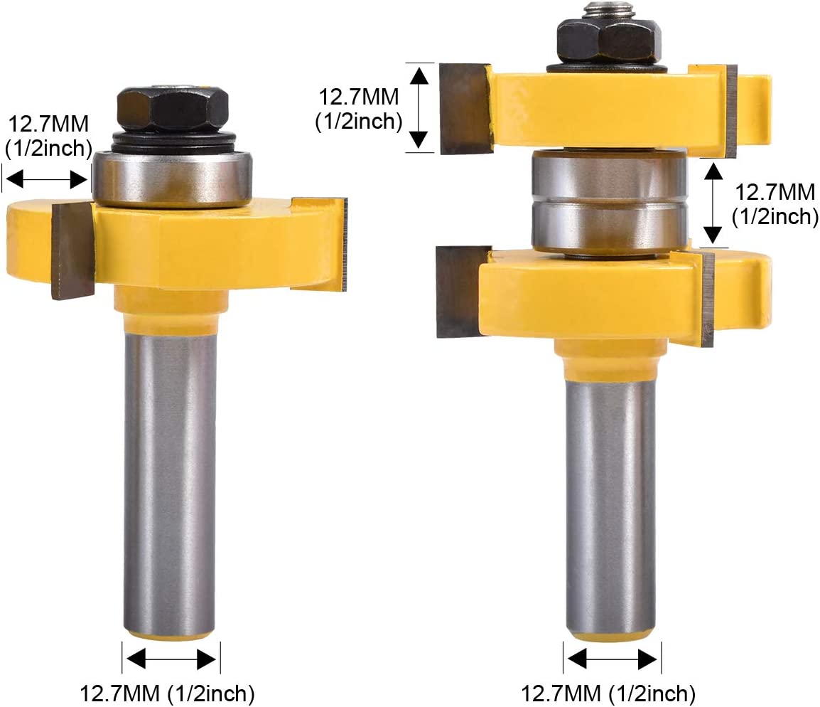 HOHXEN 2pcs/ Set Tongue Groove Router Bit Set 1/2" Teeth Width 1/2" Shank 3 Teeth T-Shape Wood Milling Cutter Flooring Wood Working Tools