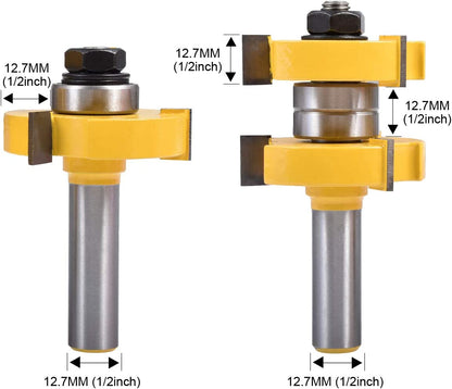 HOHXEN 2pcs/ Set Tongue Groove Router Bit Set 1/2" Teeth Width 1/2" Shank 3 Teeth T-Shape Wood Milling Cutter Flooring Wood Working Tools