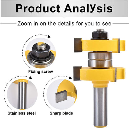 HOHXEN 2pcs/ Set Tongue Groove Router Bit Set 1/2" Teeth Width 1/2" Shank 3 Teeth T-Shape Wood Milling Cutter Flooring Wood Working Tools