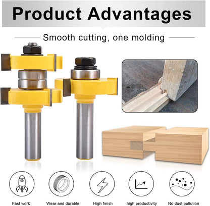 HOHXEN 2pcs/ Set Tongue Groove Router Bit Set 1/2" Teeth Width 1/2" Shank 3 Teeth T-Shape Wood Milling Cutter Flooring Wood Working Tools