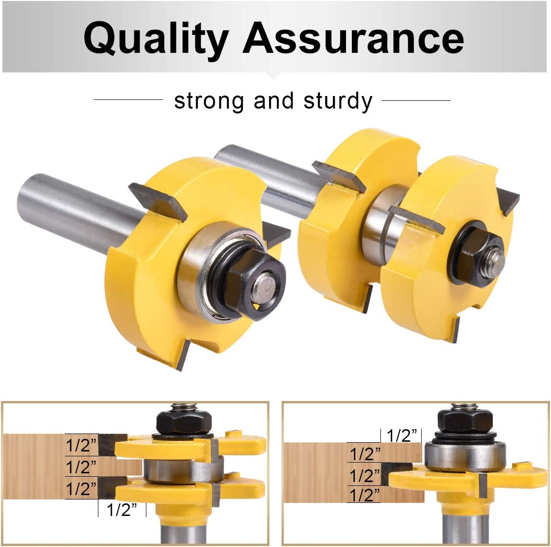 HOHXEN 2pcs/ Set Tongue Groove Router Bit Set 1/2" Teeth Width 1/2" Shank 3 Teeth T-Shape Wood Milling Cutter Flooring Wood Working Tools