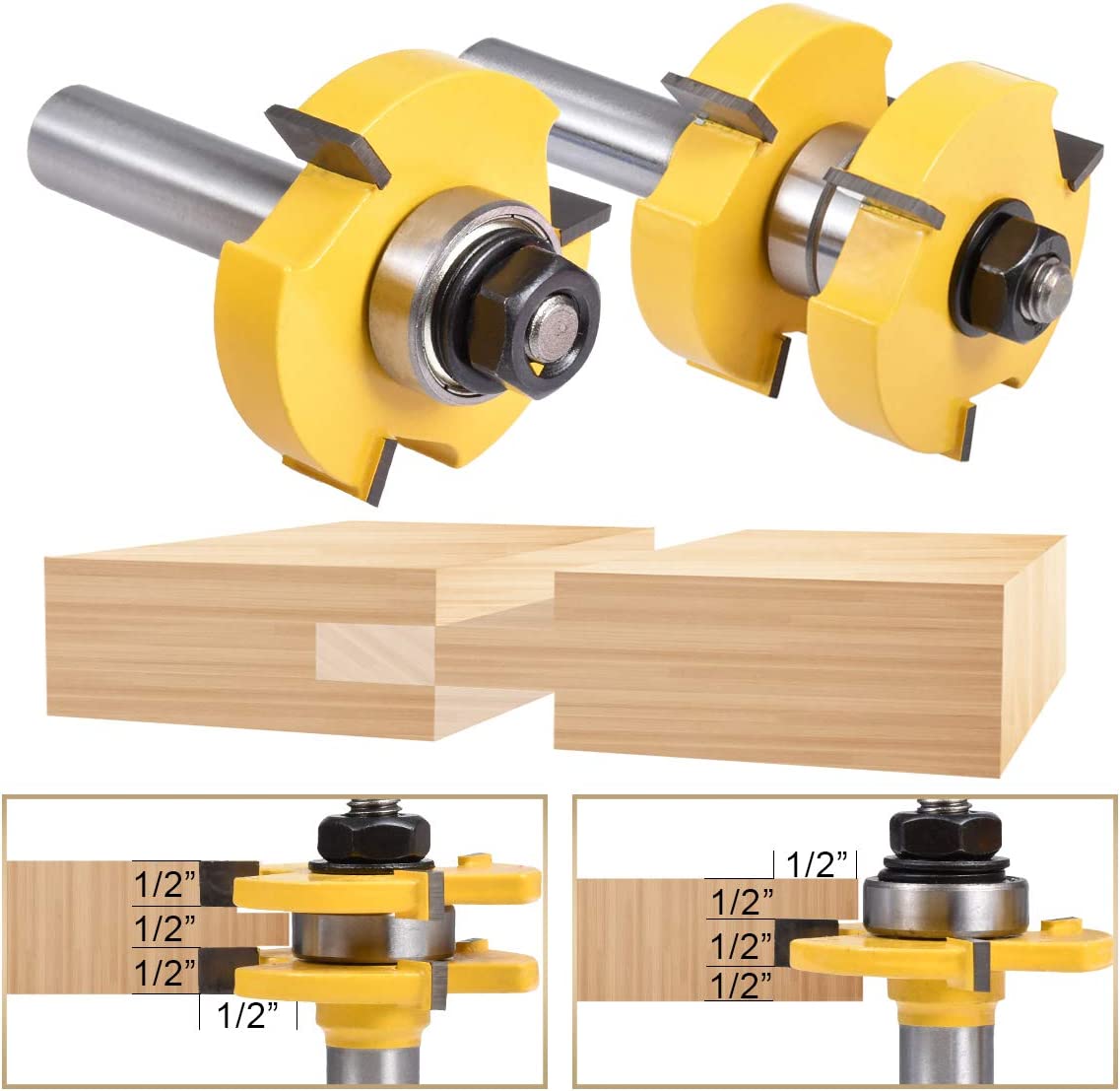 HOHXEN 2pcs/ Set Tongue Groove Router Bit Set 1/2" Teeth Width 1/2" Shank 3 Teeth T-Shape Wood Milling Cutter Flooring Wood Working Tools