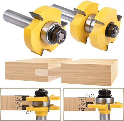 HOHXEN 2pcs/ Set Tongue Groove Router Bit Set 1/2" Teeth Width 1/2" Shank 3 Teeth T-Shape Wood Milling Cutter Flooring Wood Working Tools